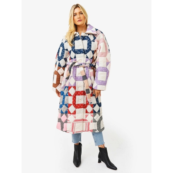 Sea NY Nohr Patchwork Retro Quilt Long Wrap Coat - Picture 10 of 16
